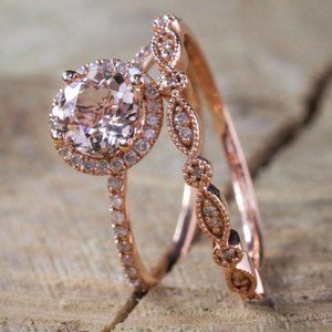 NEW 18K Rose Gold Pink&White Diamond 2P Ring Set